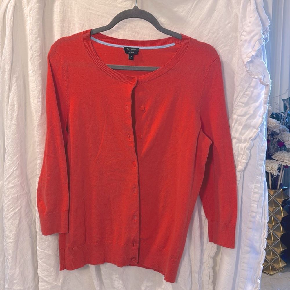 Talbots Womens 3/4 Sleeve Button Up Cardigan Sweater Pima Cotton Orange Size M